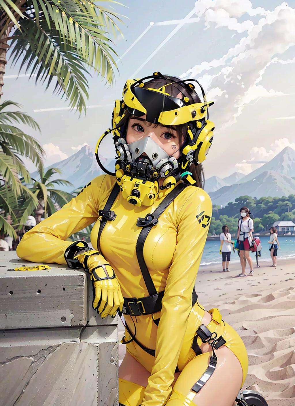 masterpiece, realistic, 1 woman, (wearing a yellow full coverage VR - techpunkmask with smallish antenna), (wearing orange shirt and blue rosette), blond hair, smiling eyes, sitting by the palm-fringed beach, sunny and rich in color, HDR, iso 1000<lora:techpunkmask_v0.5-000002:0.7>