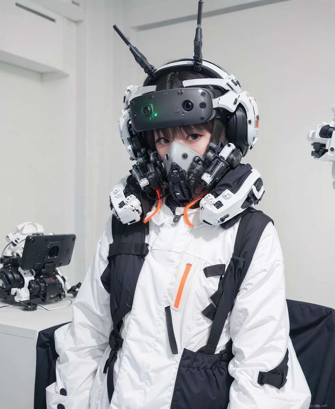 (masterpiece, sidelighting), realistic, 1woman, ((wearing a white full coverage VR - techpunkmask with designed antenna)), (wearing jacket), (fluorescent orange hair), colorful smoke fills the surrounding area, in the office, happy, flowers, butterfly  <lora:techpunkmask_v0.4-000003:0.8>