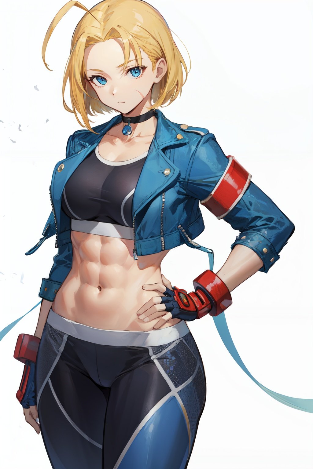 <lora:cammy_white-v2:1> cammy sf6, black sports bra, choker, 1girl, solo, open clothes, black pants, looking at viewer, navel, abs, white background, blue eyes, scar on face, red gloves, scar on cheek, muscular, antenna hair, hand on hip, black choker, open jacket, cropped jacket, thick thighs, blonde hair, fingerless gloves, sports bra, short hair, thighs,  muscular female, midriff, blue jacket