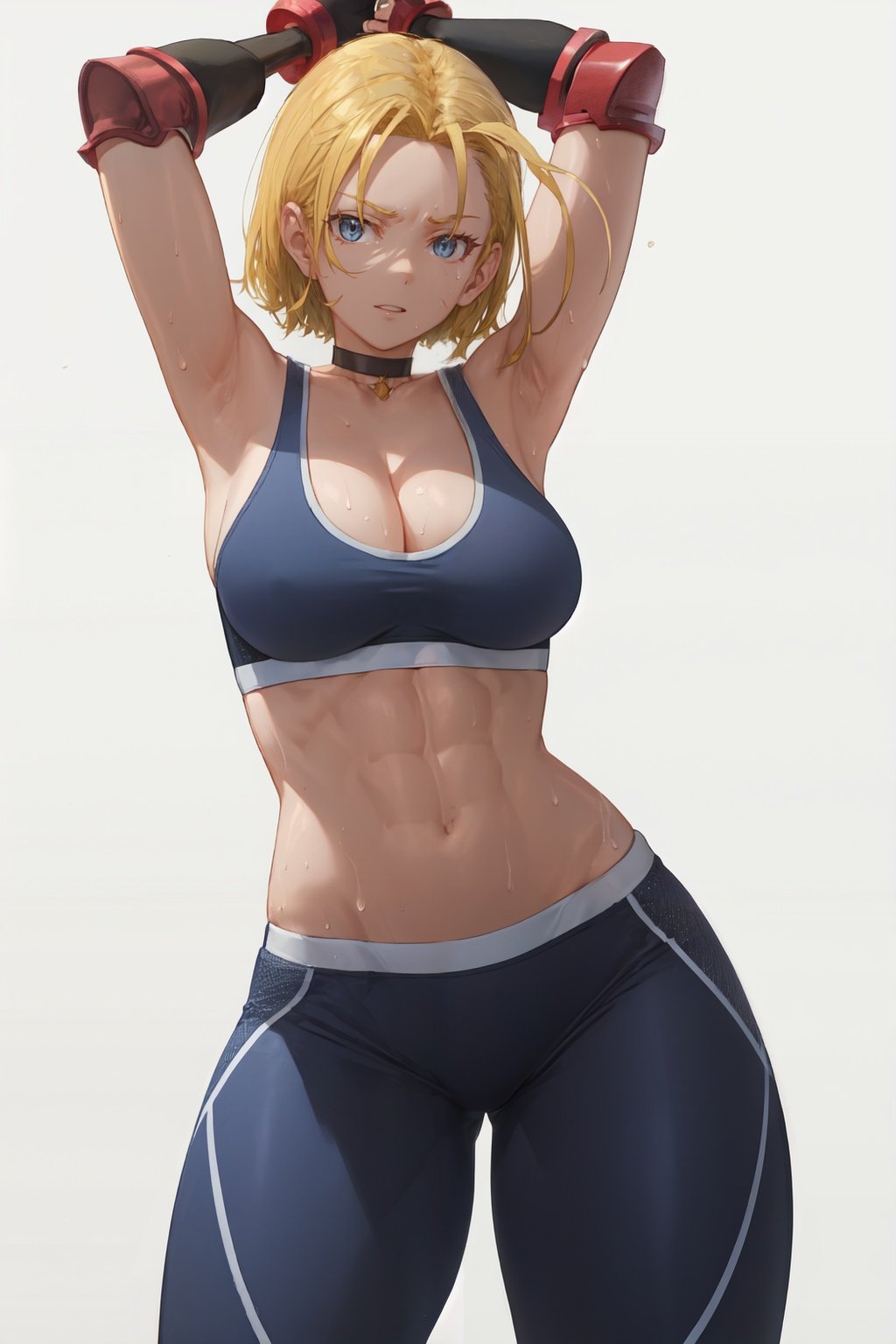 <lora:cammy_white-v2:1>cammy sf6, armpits, choker, 1girl, solo, navel, abs, blue eyes, yoga pants, scar on face, large breasts, muscular, toned, black gloves,  cleavage, black choker, scar, arm up, thick thighs, sweat, blonde hair, lips, fingerless gloves, sports bra, short hair,  gloves, thighs, muscular female <lyco:free_style:1>, free style