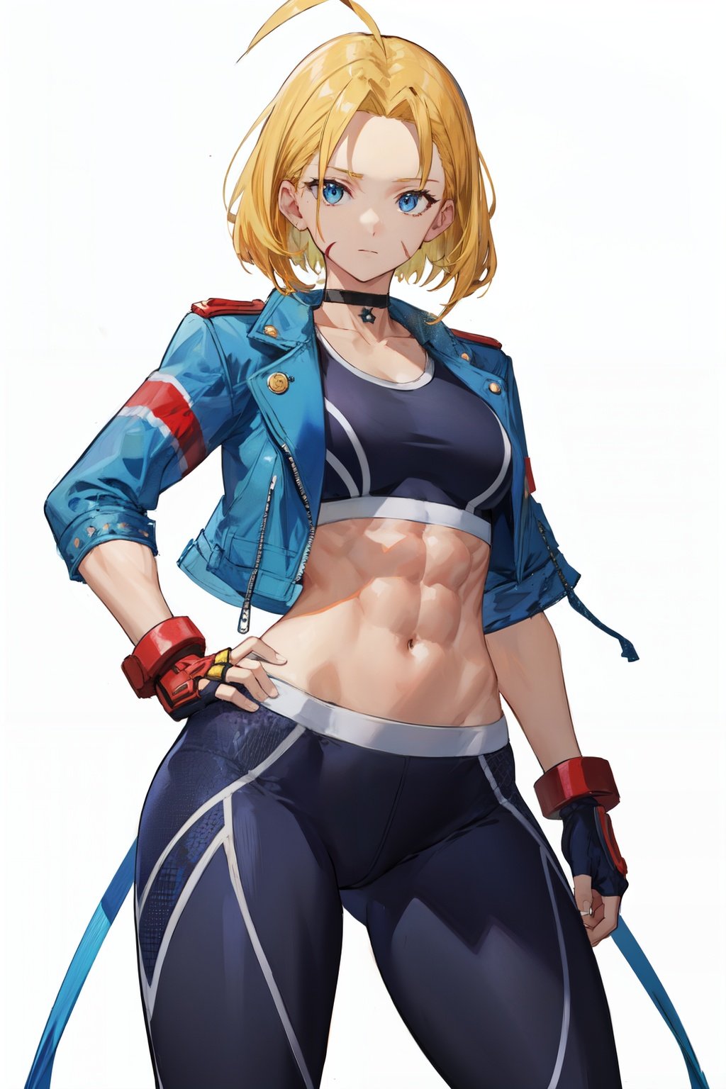 <lora:cammy_white-v2:1> cammy sf6, black sports bra, choker, 1girl, solo, open clothes, black pants, looking at viewer, navel, abs, white background, blue eyes, scar on face, red gloves, scar on cheek, muscular, antenna hair, hand on hip, black choker, open jacket, cropped jacket, thick thighs, blonde hair, fingerless gloves, sports bra, short hair, thighs,  muscular female, midriff, blue jacket