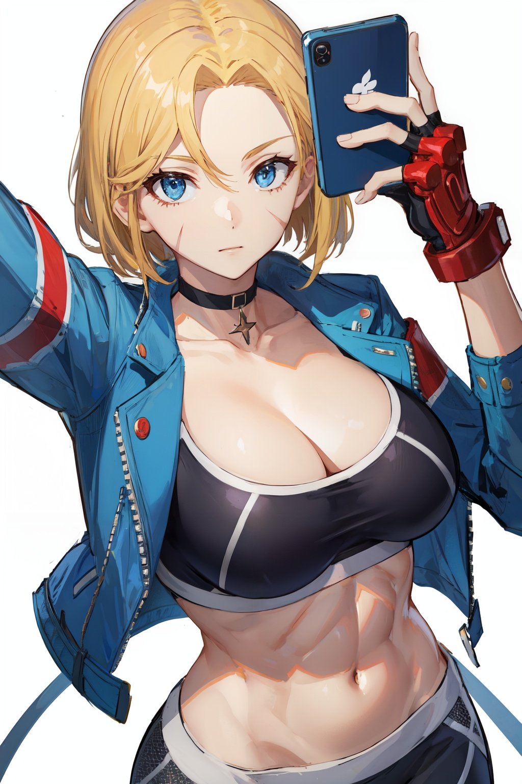 <lora:cammy_white-v2:1>cammy sf6, black sports bra, choker, 1girl, solo, black pants, navel, abs, white background, blue eyes, pants, smartphone, scar on face, large breasts, holding phone, scar on cheek, selfie, yoga pants, cleavage, open jacket, scar, cropped jacket, blonde hair, fingerless gloves, sports bra, short hair, gloves, midriff, blue jacket