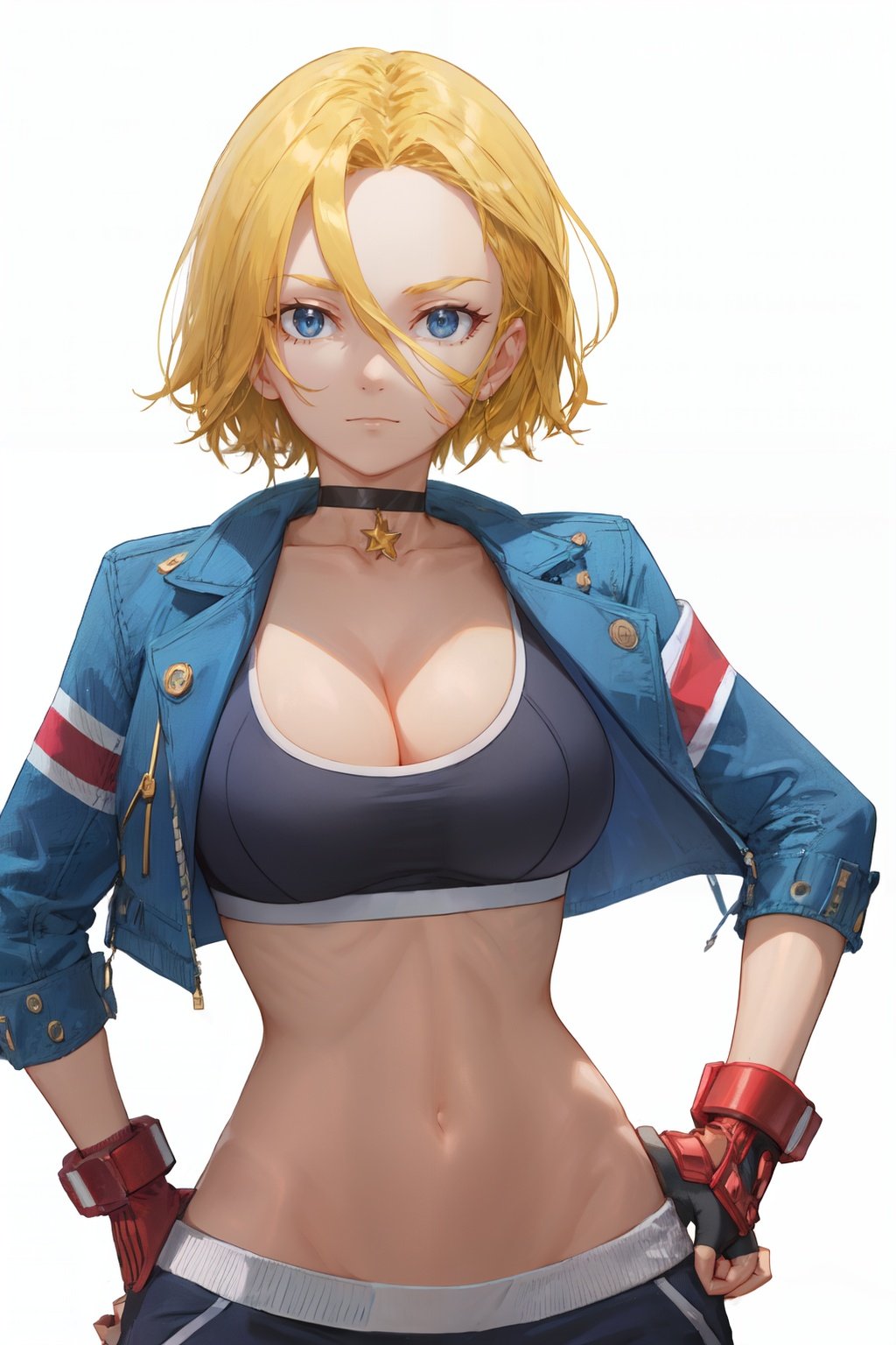 <lora:cammy_white-v2:1>cammy sf6, choker, 1girl, solo, looking at viewer, navel, white background, blue eyes, pants, simple background, scar on face, large breasts, hand on hip, cleavage, black choker, cropped jacket, scar, blonde hair, fingerless gloves, sports bra, short hair, denim jacket, midriff, blue jacket, jacket <lyco:free_style:1>, free style