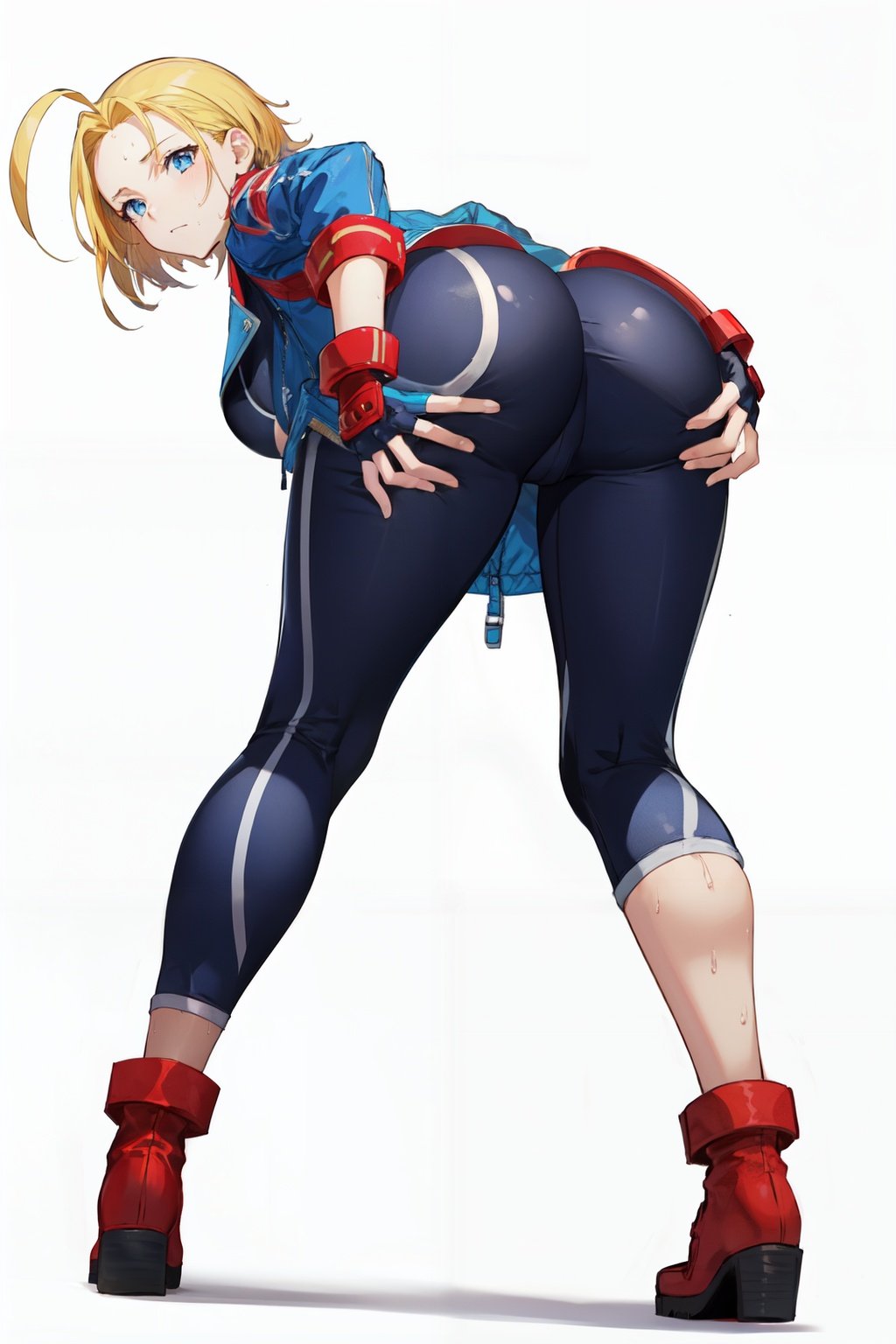 <lora:cammy_white-v2:1>cammy sf6, 1girl, solo, black pants, boots, tight pants, white background, blue eyes, pants, yoga pants, full body, ahoge, ass, bent over, hands on own knees, tight, sweat, underboob, blonde hair, fingerless gloves, short hair, gloves, thighs, red footwear, blue jacket, jacket