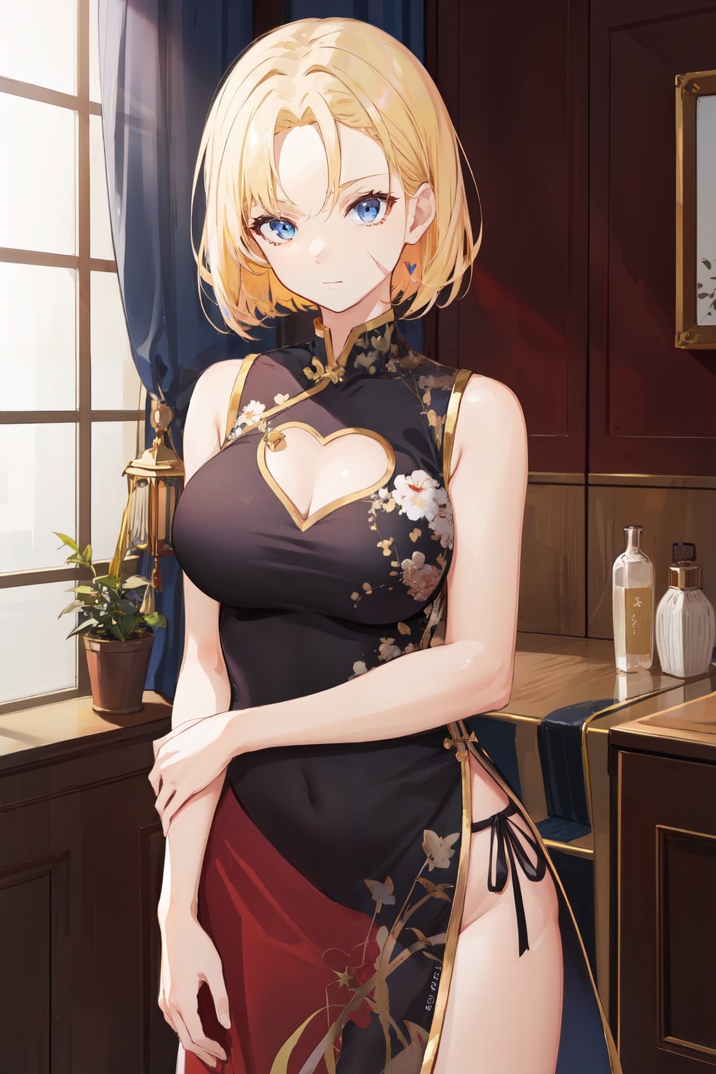 cammy sf6, 1girl,solo,blonde hair, short hair, choker,blue eyes,hear cutout,clothing cutout, china dress, large breast,china dress with heart cutout,red dress, black dress, scar on cheek<lora:china dress with heart cutout:0.7>  <lora:cammy_white-v2:1> 