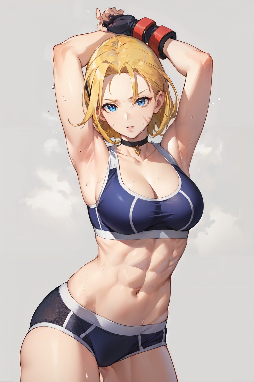 <lora:cammy_white-v2:1>cammy sf6, armpits, choker, 1girl, solo, navel, abs, blue eyes, panties, scar on face, large breasts, muscular, toned, black gloves, grey panties, cleavage, black choker, scar, arm up, thick thighs, sweat, blonde hair, lips, fingerless gloves, sports bra, short hair, underwear, gloves, thighs, muscular female