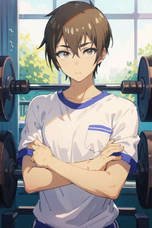 masterpiece, best quality, ultra-detailed, illustration, 1boy, solo, male focus, looking at viewer, upper body, , <lora:hideki_nishimura:0.78>, hideki_nishimura, , gym uniform