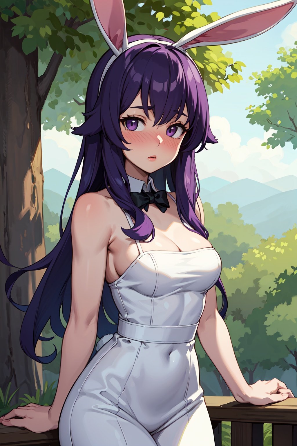 masterpiece, best quality, ultra-detailed, HDR, absudres:1.3, extremely detailed,

1girl, animal ears, bunny ears, purple hair, nervous, nose blush, looking at viewer, white dress, medium breasts, forest