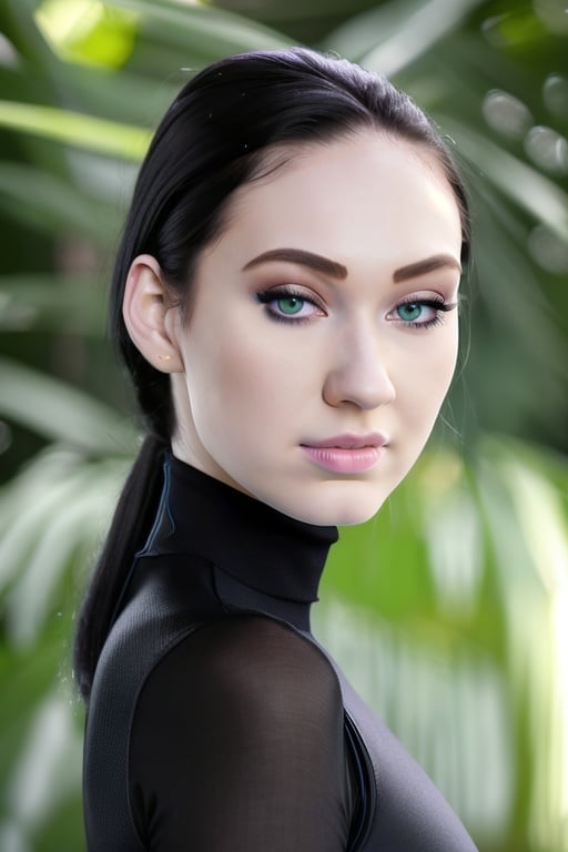 wo_arialex01, head and shoulder, pale skin, black sleeveless turtleneck, green eyes, masterpiece, 8k, ultra-detailed,  <lora:woAriaAlex01:0.85>