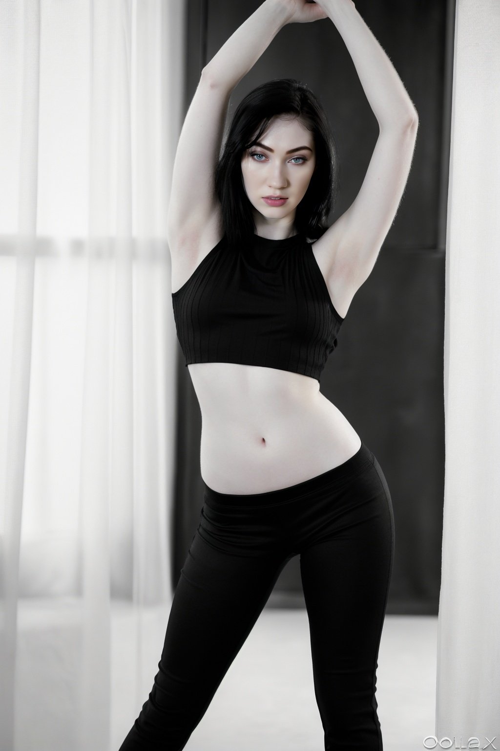 wo_arialex01, pale skin, (8k, RAW photo, best quality, masterpiece:1.2), (realistic, photo-realistic:1.37), ultra-detailed,(detailed beautiful),face focus,slender,looking at viewer, (wearing a black top and tight black:1.2) pants,looking at viewer,<lora:woAriaAlex01:0.85>