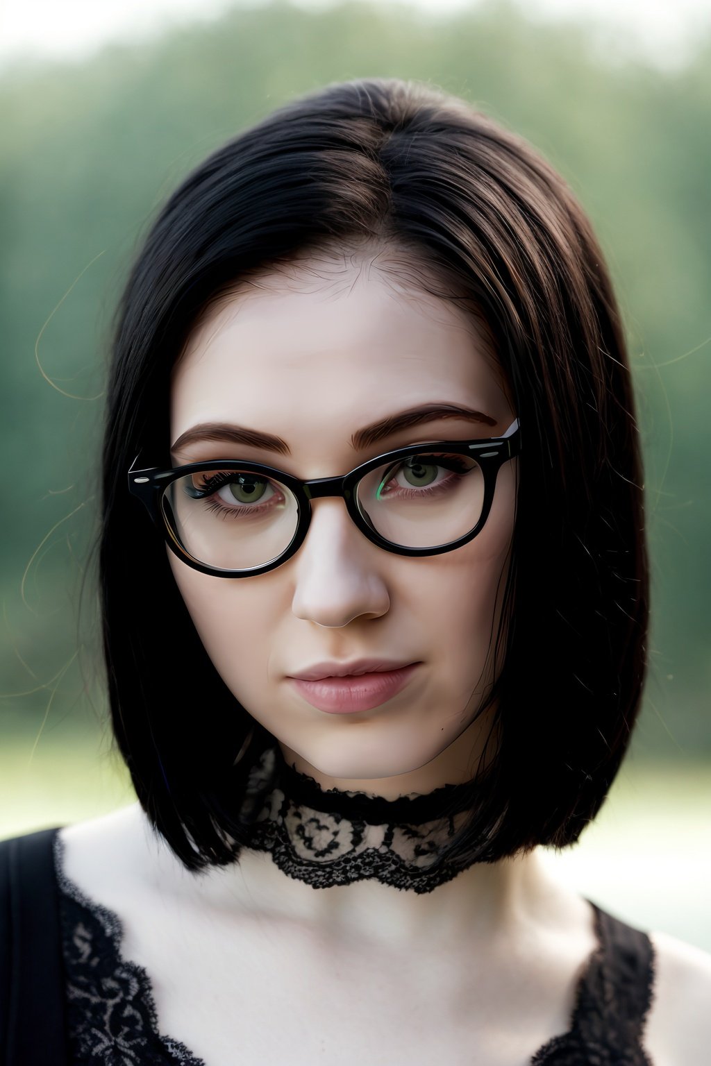 glasses, Sharp Focus, wo_arialex01, pale skin, (close-up:0.8), (slight smile:0.8), low key lighting, shot on Lumix GH5, cinematic bokeh, lace choker, (green eyes:0.6), black bob hair, (simple background:1.2), sharp cheekbones, teasing, detailed skin,  <lora:woAriaAlex01:0.85>