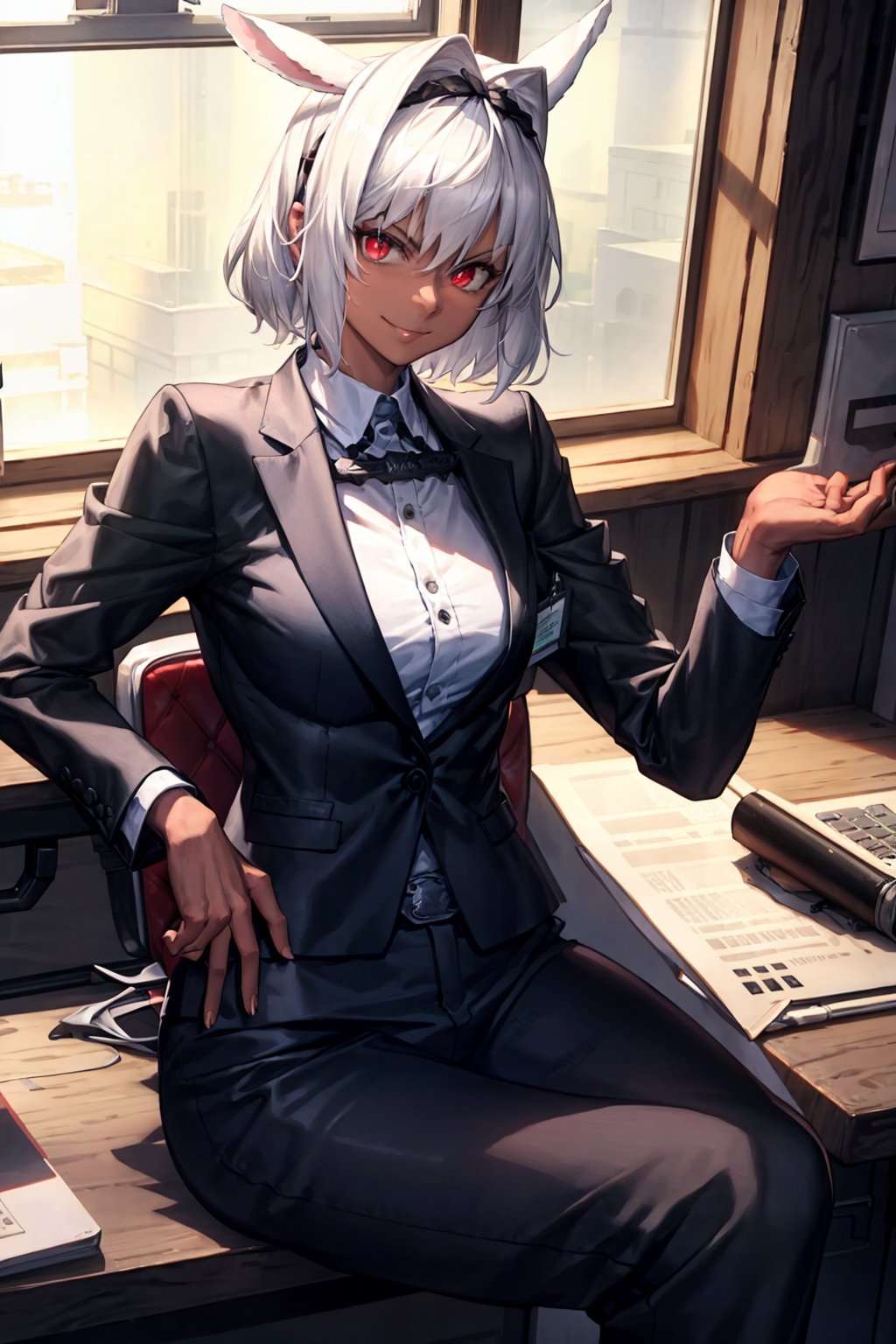 (masterpiece, best quality), interior, office, window, cowboy photo, 1 girl, alone, Caenis, business suit, black pants, white tie, red eyes, animal ears, dark-skinned woman, marks on the body, short hair, CaenisFGO_V1- Manityro-AdamW:1, toned, looking at viewer, seductive smile, black headband, sitting, at desk