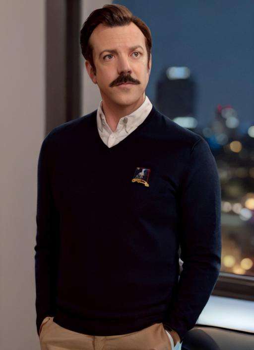 photo of Ted Lasso man  <lora:TedLasso-000003:1> (collar shirt), (black v-neck sweater ), looking over London at night, cinematic blue lighting, 8K, RAW, HD, stunning masterpiece, full body, masculine features, male complexionm 