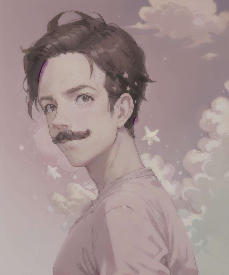 masterpiece, illustration,  portrait of Ted Lasso  45y.o. <lora:TedLasso-000003:1> masterpiece, best quality, 1man, brown hair, mustache:1.3, male focus, magic clouds, lovely sky, (pink pastel background) extremely detailed face, Shining white particles