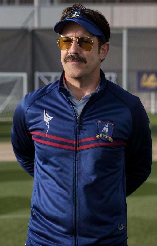 photo of ted person,  tedlasso, <lora:TedLassov2-000003:0.88> masterpiece, high def, photo of Ted Lasso, 1man , 45y.o. , soccer pitch,  (coach clothes) (nose:1.2)  (coach visor) (sunglasses)