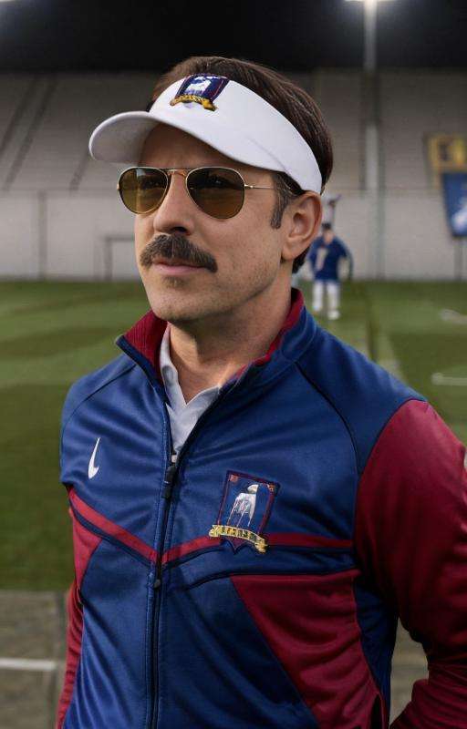 photo of ted person,  tedlasso, <lora:TedLassov2-000003:0.88> masterpiece, high def, photo of Ted Lasso, 1man , 45y.o. , soccer pitch,  (coach clothes) (nose:1.2)  (coach visor) (sunglasses)