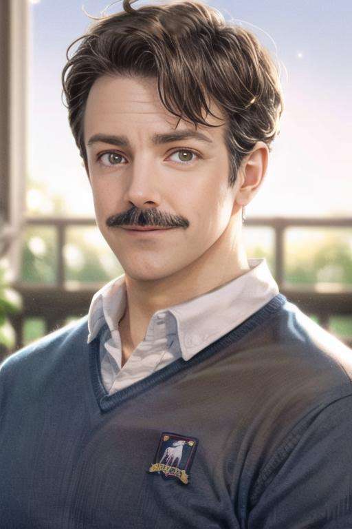 photo of ted person,  tedlasso, male, detailed face and eyes, <lora:TedLassov2-000003:1> (collar shirt), (deep blue v-neck sweater:1.2),medium shot , brown hair, (brown eyes:1.2), mustache:1.3, portrait, bloom, light sparkles, (backlighting:1.3) masterpiece, illustration,   masterpiece, best quality, male focus, magic clouds, lovely sky, (pink pastel background) extremely detailed face, Shining white particles , 