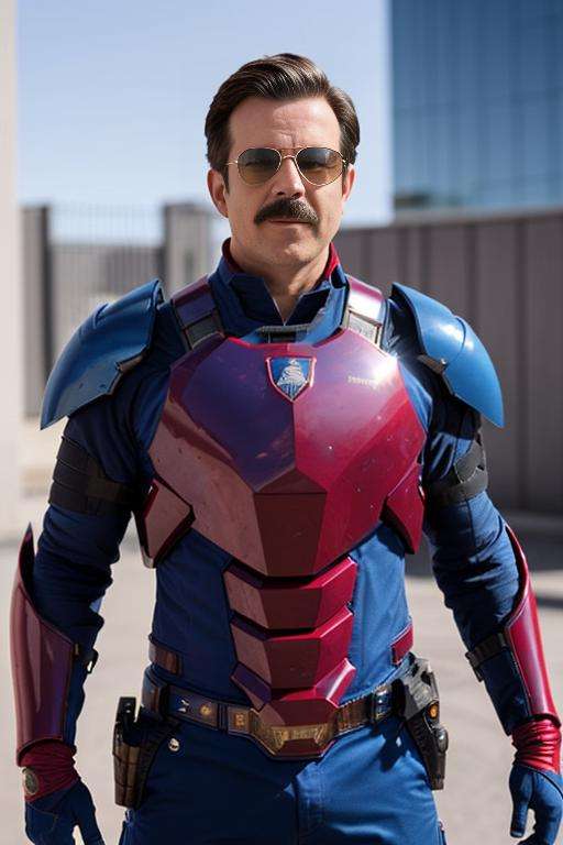 photo of ted person,  tedlasso, <lora:TedLassov2-000003:0.85> sunlight, masterpiece, sci-fi armor, high def, portrait of Ted Lasso as an action hero, blue sky,  1man , 45y.o. ,  ((red and blue heavy armor)), hands on hips, cowboy shot, on the streets at day,  detailed, natural light,  cinematic composition, power armor, intricate details, highly detailed, 8k, art by artgerm and greg rutkowski and alphonse mucha, reflective metal, sunglasses