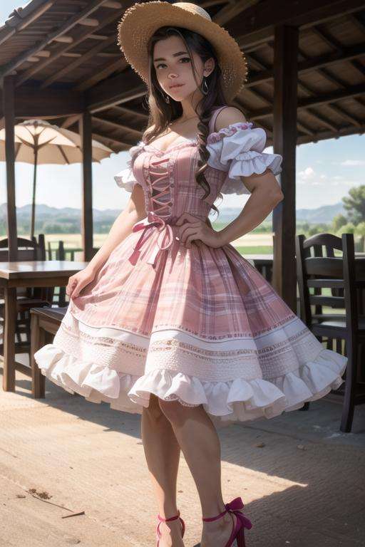 photo of woman wearing a caipira dress,  brown and pink caipira dress with plaid fabric, straw hat, realistic, masterpiece, highres, cinematic lighting, perfect face, detailed face,detailed eyes, detailed dress , full body <lora:FestaJunina-000003:1>