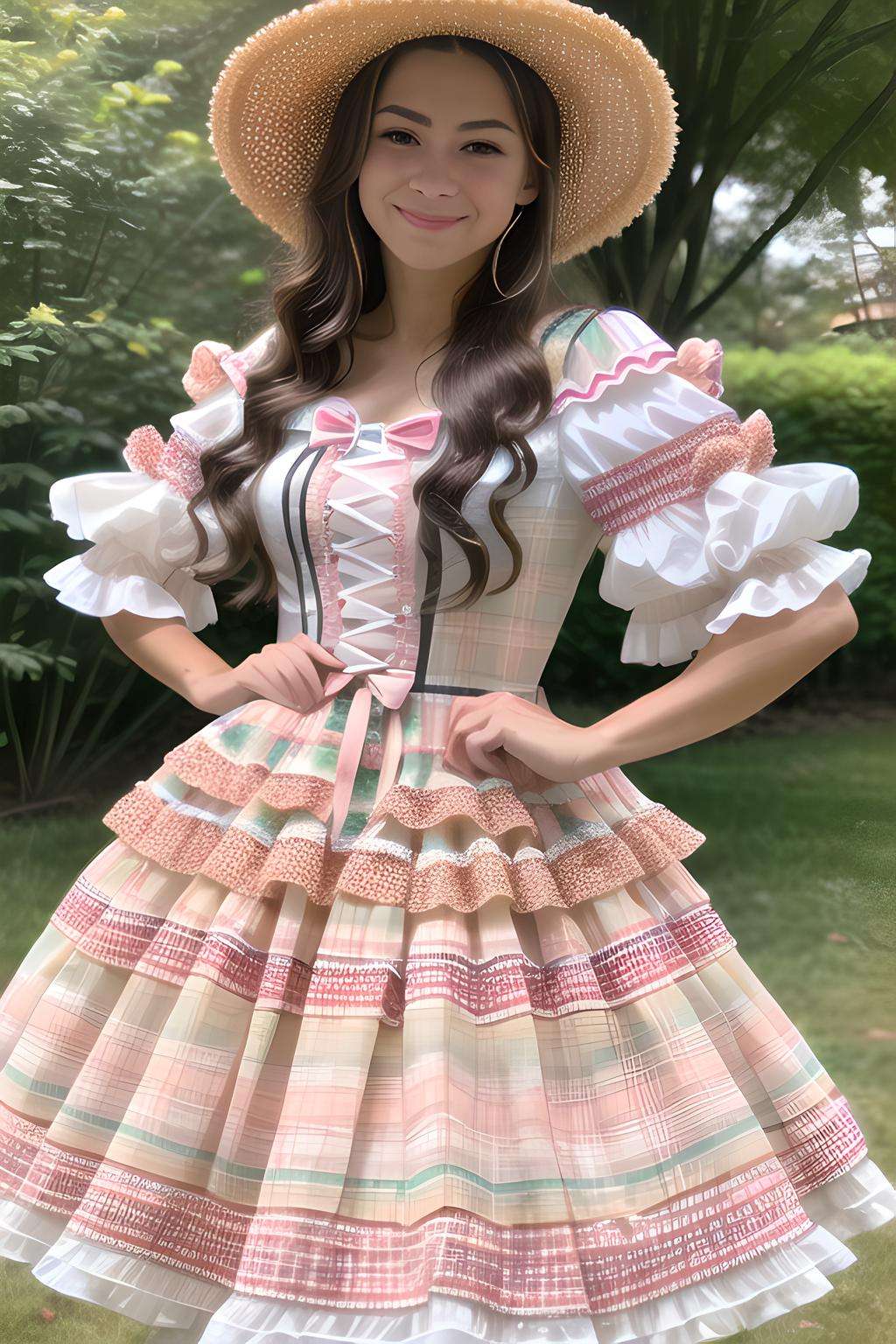 photo of woman wearing a caipira dress,  brown and pink caipira dress with plaid fabric, straw hat, realistic, masterpiece, highres, cinematic lighting, perfect face, detailed face,detailed eyes, detailed dress  , full body <lora:FestaJunina-000003:1>