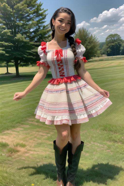 photo of latina woman wearing caipira dress at the farmhouse, plaid pattern, short dress, short fluffy sleeve, fishnet, boots, braided hair, at the farm, smiling, masterpiece, realistic, highres, sharp, full body, detailed face, detailed eyes, perfect picture  <lora:FestaJunina-000003:1>