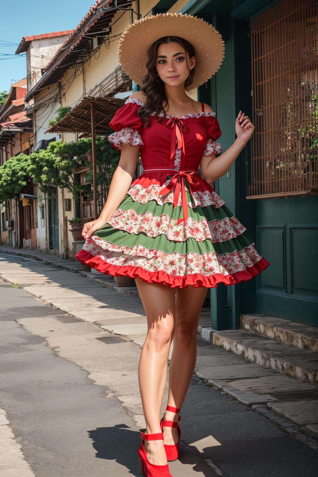 photo of woman wearing a green and red caipira dress,  (city as background:1.3), floral fabric, small straw hat, realistic, masterpiece, highres, cinematic lighting, perfect face, detailed face,detailed eyes, detailed dress , full body <lora:FestaJunina-000003:0.8>