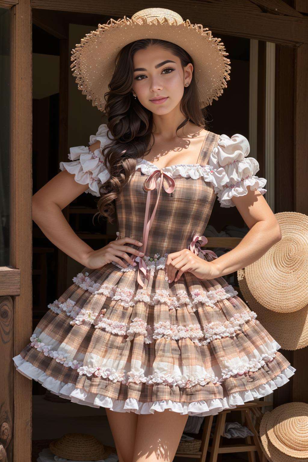 photo of woman wearing a caipira dress,  brown and pink caipira dress with plaid fabric, straw hat, realistic, masterpiece, highres, cinematic lighting, perfect face, detailed face,detailed eyes, detailed dress , full body <lora:FestaJunina-000003:1>