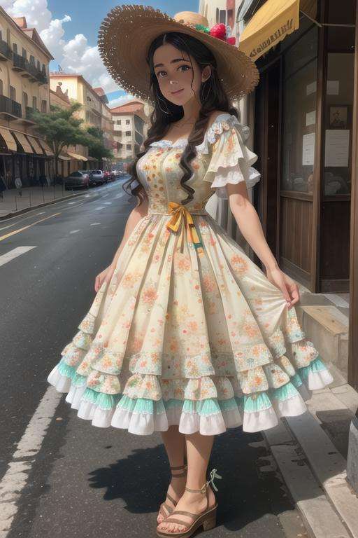 photo of cute woman wearing caipira dress at city streets, colorful floral dress,, long dress,  small hat ,   sandals, at the city, crossed arms,  masterpiece, realistic, highres, sharp, full body, detailed face, detailed eyes, perfect picture  <lora:FestaJunina-000003:1>