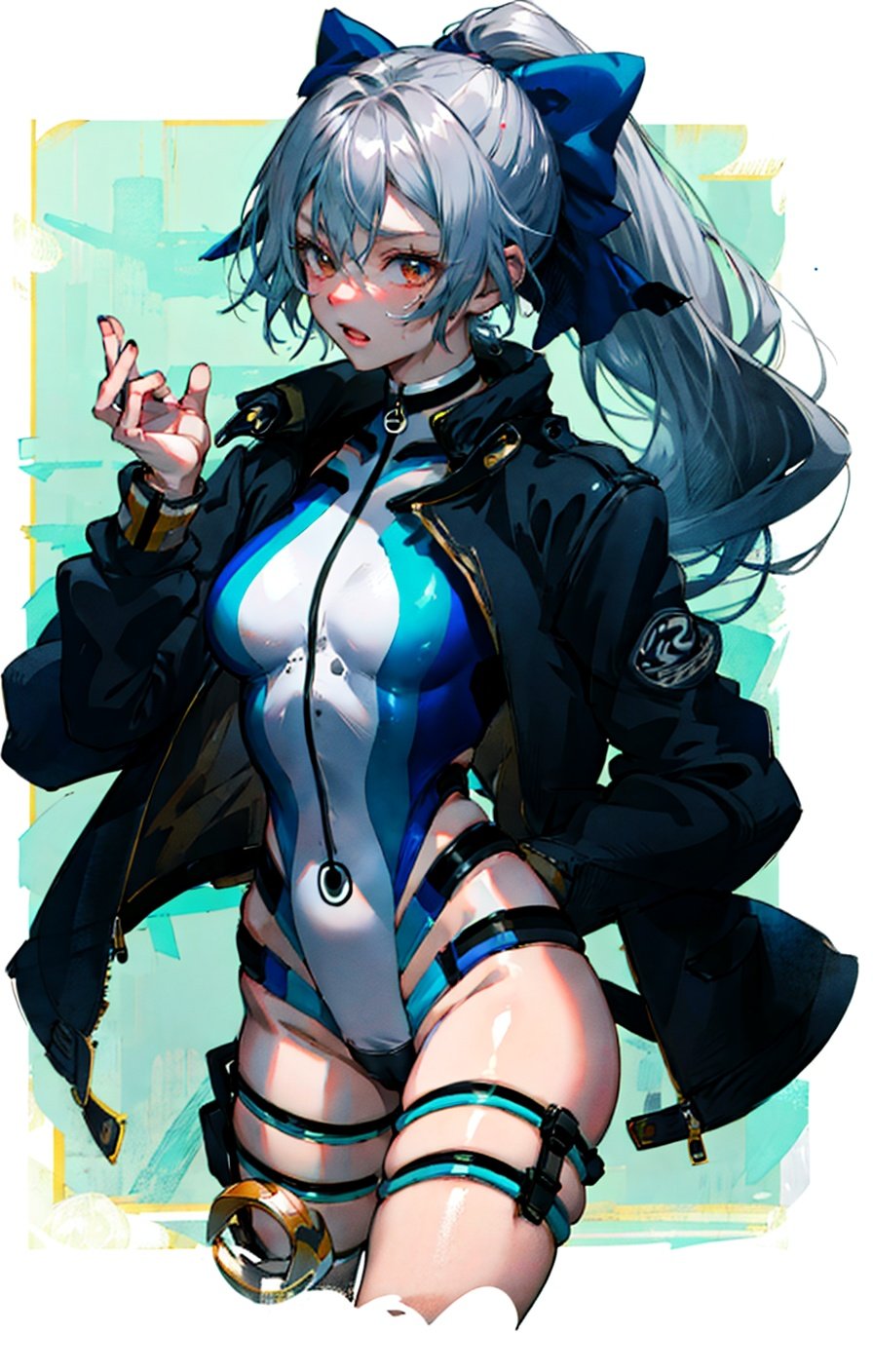 SwimsuitSaber, TomoeSaber, 1girl, solo, standing, jacket, 
FGOTomoeV1-000020:0.8
