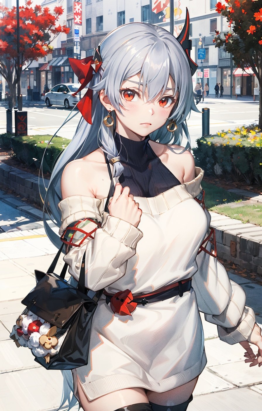 FV, ValentineOutfit, 1girl, solo, bag, outdoors, standing, dating, Tomoe Gozen (fate grand order)
 
