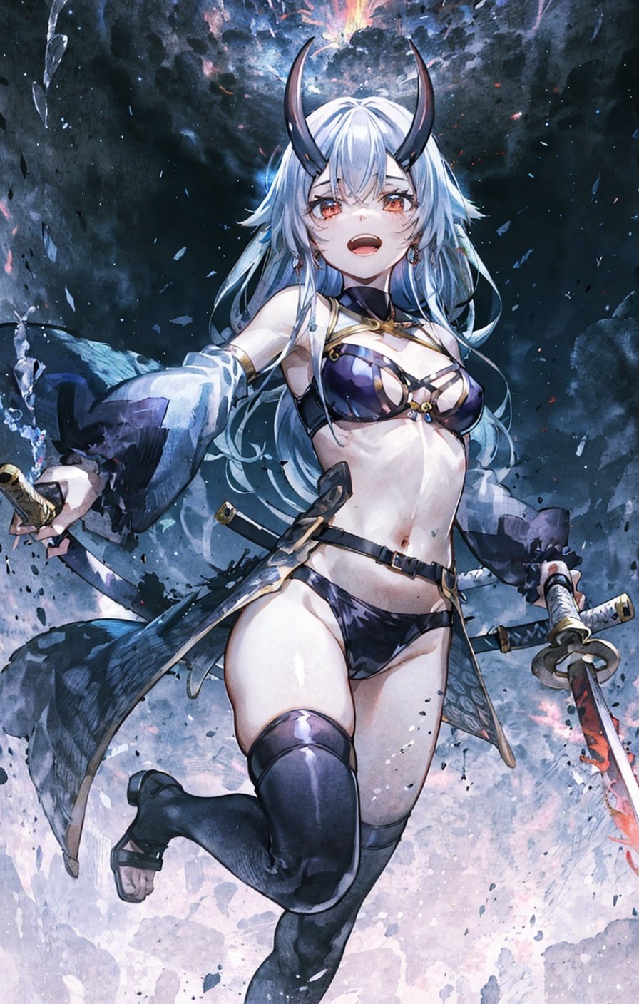 AscensionS2, SecDressing, 1girl, weapon, open mouth, sword, fire, holding, looking at viewer, solo, holding weapon, thighs, holding sword, blue fire, flaming sword, flaming weapon, smile, katana, tomoe gozen
