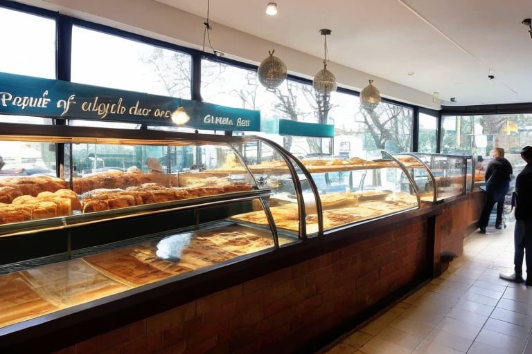 Looking down the street from viewpoint,  look the main objects,  from the street through the domestic-local bakery-cafe in Paris,  through a perfectly clean shop window,  in which there are,  fresh detailed bakery products,  two perfectly detailed chocolate cakes with whipped cream decorations,  on the awning of the bakery-cafe beautifully written letters,  "ORLY-CAFFE" in detailed blue and red letters the inscription of the bakery-cafe "ORLY",  the awning is golden in color,  detailed and shimmers slightly in the gentle autumn sunlight,  under the large window of the bakery-cafe in perspective,  mathematically precise,  the wall in light cream color continues,  below is a horizontal ideal perspective,  a sidewalk,  with a realistic shadow from the building,  in the part of the shadow of the darker color of the sidewalk,  pebbles can be seen,  at the beginning of the bakery-café,  far away horizontally,  on the sidewalk,  a detailed board in the form of a pyramid,  with two sides,  light brown in color,  with a golden twisted sculpted top of the board along its length,  on blackboards,  clearly visible and legible,  written in white chalk,  the best bakery-café offers,  from croissants to coffee drinks,  several types,  with daily prices. In the bakery-cafe,  you can see through the window a chubby salesman with a mustache and a cap on his head,  black disheveled but neat hair,  a man of about 60 years old,  in a white shirt,  with an apron on,  in blue red yellow thin vertical stripes,  a little dirty from white of flour,  serves a customer,  a younger man in a beige suit,  with a classic hat in the same color tone,  a newspaper folded under his right hand,  while in his left hand he accepts a blue plate with a muffin perfectly covered with powdered sugar,  from the opposite side of the bakery-cafe,  a customer with a scarf around his neck in a white shirt and a gray suit vest,  drinking coffee from a sparkling clean cup,  and reading a newspaper on the counter in front of which he sits on a prochrome bar stool with a red leather round seat.