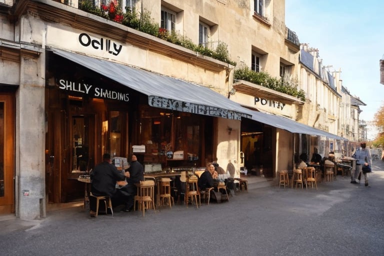 Looking down the street from viewpoint,  look the main objects from street through the cafe,  modest but glamour of Paris,  through a perfectly clean shop window,  in which there are,  fresh detailed ittle of bakery products,  two perfectly detailed chocolate cakes with whipped cream decorations,  on the awning of the bakery-cafe beautifully written letters,  (((ORLY-CAFFE))) in detailed blue and red letters the inscription of the cafe (((ORLY)))",  the awning is golden in color,  detailed and shimmers slightly in the gentle autumn sunlight,  under the large window of the cafe in perspective,  mathematically precise,  the wall in light cream color continues,  below is a horizontal ideal perspective,  a sidewalk,  with a realistic shadow from the building,  in the part of the shadow of the darker color of the sidewalk,  pebbles can be seen,  at the beginning of the cafe,  far away horizontally,  on the sidewalk,  a detailed board in the form of a pyramid,  with two sides,  light brown in color,  with a golden twisted sculpted top of the board along its length,  on blackboards,  clearly visible and legible,  written in white chalk,  the best cafe offers,  from croissants to coffee drinks,  several types,  with daily prices. In the cafe,  you can see through the window a chubby salesman with a mustache and a cap on his head,  black disheveled but neat hair,  a man of about 60 years old,  in a white shirt,  with an apron on,  in blue red yellow thin vertical stripes,  a little dirty from white of flour,  serves a customer,  a younger man in a beige suit,  with a classic hat in the same color tone,  a newspaper folded under his right hand,  while in his left hand he accepts a blue plate with a muffin perfectly covered with powdered sugar,  from the opposite side of the cafe,  a customer with a scarf around his neck in a white shirt and a gray suit vest,  drinking coffee from a sparkling clean cup,  and reading a newspaper on the counter in front of which he sits on a prochrome bar stool with a red leather round seat.