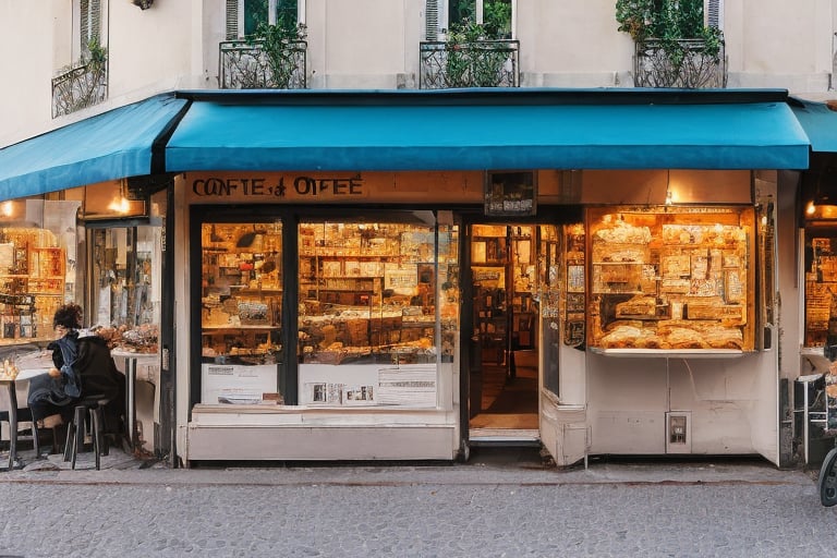 Looking down the street from viewpoint,  look the main objects from street through the cafe,  modest but glamour of Paris,  through a perfectly clean shop window,  in which there are,  fresh detailed ittle of bakery products,  two perfectly detailed chocolate cakes with whipped cream decorations,  on the awning of the bakery-cafe beautifully written letters,  (((ORLY-CAFFE))) in detailed blue and red letters the inscription of the cafe (((ORLY)))",  the awning is golden in color,  detailed and shimmers slightly in the gentle autumn sunlight,  under the large window of the cafe in perspective,  mathematically precise,  the wall in light cream color continues,  below is a horizontal ideal perspective,  a sidewalk,  with a realistic shadow from the building,  in the part of the shadow of the darker color of the sidewalk,  pebbles can be seen,  at the beginning of the cafe,  far away horizontally,  on the sidewalk,  a detailed board in the form of a pyramid,  with two sides,  light brown in color,  with a golden twisted sculpted top of the board along its length,  on blackboards,  clearly visible and legible,  written in white chalk,  the best cafe offers,  from croissants to coffee drinks,  several types,  with daily prices. In the cafe,  you can see through the window a chubby salesman with a mustache and a cap on his head,  black disheveled but neat hair,  a man of about 60 years old,  in a white shirt,  with an apron on,  in blue red yellow thin vertical stripes,  a little dirty from white of flour,  serves a customer,  a younger man in a beige suit,  with a classic hat in the same color tone,  a newspaper folded under his right hand,  while in his left hand he accepts a blue plate with a muffin perfectly covered with powdered sugar,  from the opposite side of the cafe,  a customer with a scarf around his neck in a white shirt and a gray suit vest,  drinking coffee from a sparkling clean cup,  and reading a newspaper on the counter in front of which he sits on a prochrome bar stool with a red leather round seat.