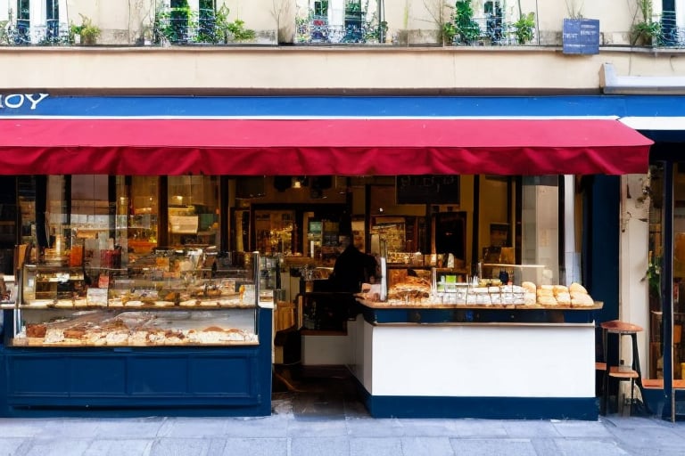 Looking down the street from viewpoint,  look the main objects from street through the cafe,  modest but glamour of Paris,  through a perfectly clean shop window,  in which there are,  fresh detailed ittle of bakery products,  two perfectly detailed chocolate cakes with whipped cream decorations,  on the awning of the bakery-cafe beautifully written letters,  (((ORLY-CAFFE))) in detailed blue and red letters the inscription of the cafe (((ORLY)))",  the awning is golden in color,  detailed and shimmers slightly in the gentle autumn sunlight,  under the large window of the cafe in perspective,  mathematically precise,  the wall in light cream color continues,  below is a horizontal ideal perspective,  a sidewalk,  with a realistic shadow from the building,  in the part of the shadow of the darker color of the sidewalk,  pebbles can be seen,  at the beginning of the cafe,  far away horizontally,  on the sidewalk,  a detailed board in the form of a pyramid,  with two sides,  light brown in color,  with a golden twisted sculpted top of the board along its length,  on blackboards,  clearly visible and legible,  written in white chalk,  the best cafe offers,  from croissants to coffee drinks,  several types,  with daily prices. In the cafe,  you can see through the window a chubby salesman with a mustache and a cap on his head,  black disheveled but neat hair,  a man of about 60 years old,  in a white shirt,  with an apron on,  in blue red yellow thin vertical stripes,  a little dirty from white of flour,  serves a customer,  a younger man in a beige suit,  with a classic hat in the same color tone,  a newspaper folded under his right hand,  while in his left hand he accepts a blue plate with a muffin perfectly covered with powdered sugar,  from the opposite side of the cafe,  a customer with a scarf around his neck in a white shirt and a gray suit vest,  drinking coffee from a sparkling clean cup,  and reading a newspaper on the counter in front of which he sits on a prochrome bar stool with a red leather round seat.