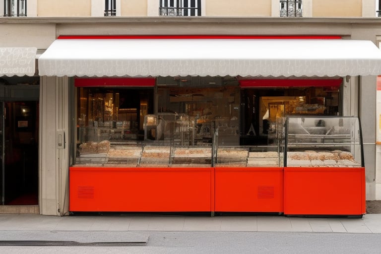 Domestic-local bakery-cafe in Paris,  with a perfectly clean shop window,  in which there are,  fresh detailed bakery products,  two perfectly detailed chocolate cakes with whipped cream decorations,  on the awning of the bakery-cafe beautifully written letters,  detailed blue-red lettering of the bakery-cafe,  the awning is golden in color,  detailed and shimmers slightly in the gentle autumn sunlight,  under the large window of the bakery-cafe in perspective,  mathematically precise,  the wall in light cream color continues,  below is a horizontal ideal perspective,  a sidewalk,  with a realistic shadow from the building,  in the part of the shadow of the darker color of the sidewalk,  pebbles can be seen,  at the beginning of the bakery-café,  far away horizontally,  on the sidewalk,  a detailed board in the form of a pyramid,  with two sides,  light brown in color,  with a golden twisted sculpted top of the board along its length,  on blackboards,  clearly visible and legible,  written in white chalk,  the best bakery-café offers,  from croissants to coffee drinks,  several types,  with daily prices. In the bakery-cafe,  you can see through the window a chubby salesman with a mustache and a cap on his head,  black disheveled but neat hair,  a man of about 60 years old,  in a white shirt,  with an apron on,  in blue red yellow thin vertical stripes,  a little dirty from white of flour,  serves a customer,  a younger man in a beige suit,  with a classic hat in the same color tone,  a newspaper folded under his right hand,  while in his left hand he accepts a blue plate with a muffin perfectly covered with powdered sugar,  from the opposite side of the bakery-cafe,  a customer with a scarf around his neck in a white shirt and a gray suit vest,  drinking coffee from a sparkling clean cup,  and reading a newspaper on the counter in front of which he sits on a prochrome bar stool with a red leather round seat.