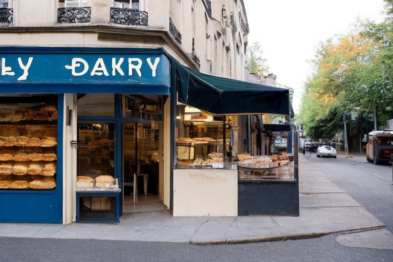 Looking down the street from viewpoint,  look the main objects,  from the street through the domestic-local bakery-cafe in Paris,  through a perfectly clean shop window,  in which there are,  fresh detailed bakery products,  two perfectly detailed chocolate cakes with whipped cream decorations,  on the awning of the bakery-cafe beautifully written letters,  "ORLY-CAFFE" in detailed blue and red letters the inscription of the bakery-cafe "ORLY",  the awning is golden in color,  detailed and shimmers slightly in the gentle autumn sunlight,  under the large window of the bakery-cafe in perspective,  mathematically precise,  the wall in light cream color continues,  below is a horizontal ideal perspective,  a sidewalk,  with a realistic shadow from the building,  in the part of the shadow of the darker color of the sidewalk,  pebbles can be seen,  at the beginning of the bakery-café,  far away horizontally,  on the sidewalk,  a detailed board in the form of a pyramid,  with two sides,  light brown in color,  with a golden twisted sculpted top of the board along its length,  on blackboards,  clearly visible and legible,  written in white chalk,  the best bakery-café offers,  from croissants to coffee drinks,  several types,  with daily prices. In the bakery-cafe,  you can see through the window a chubby salesman with a mustache and a cap on his head,  black disheveled but neat hair,  a man of about 60 years old,  in a white shirt,  with an apron on,  in blue red yellow thin vertical stripes,  a little dirty from white of flour,  serves a customer,  a younger man in a beige suit,  with a classic hat in the same color tone,  a newspaper folded under his right hand,  while in his left hand he accepts a blue plate with a muffin perfectly covered with powdered sugar,  from the opposite side of the bakery-cafe,  a customer with a scarf around his neck in a white shirt and a gray suit vest,  drinking coffee from a sparkling clean cup,  and reading a newspaper on the counter in front of which he sits on a prochrome bar stool with a red leather round seat.