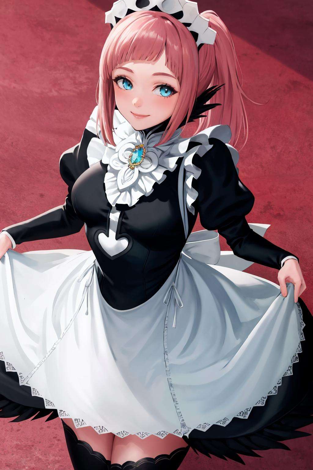 masterpiece, best quality, 1girl, solo, <lora:felicia-fe-richy-v1:1> feliciadef, maid, maid headdress, black thighhighs, dress lift, bowing, looking down, curtsey, smile, looking at viewer, from above, zettai ryouiki