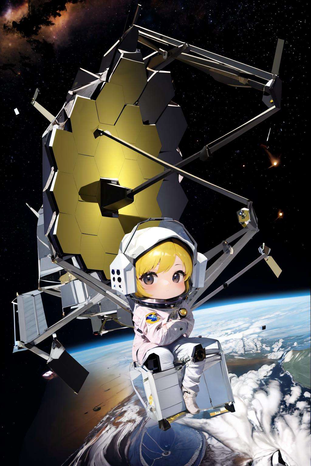 masterpiece, best quality, <lora:jwst-nasa-richy-v1:1> jwst, space, chibi, 1girl, solo, space helmet, astronaut, nasa logo, nasa