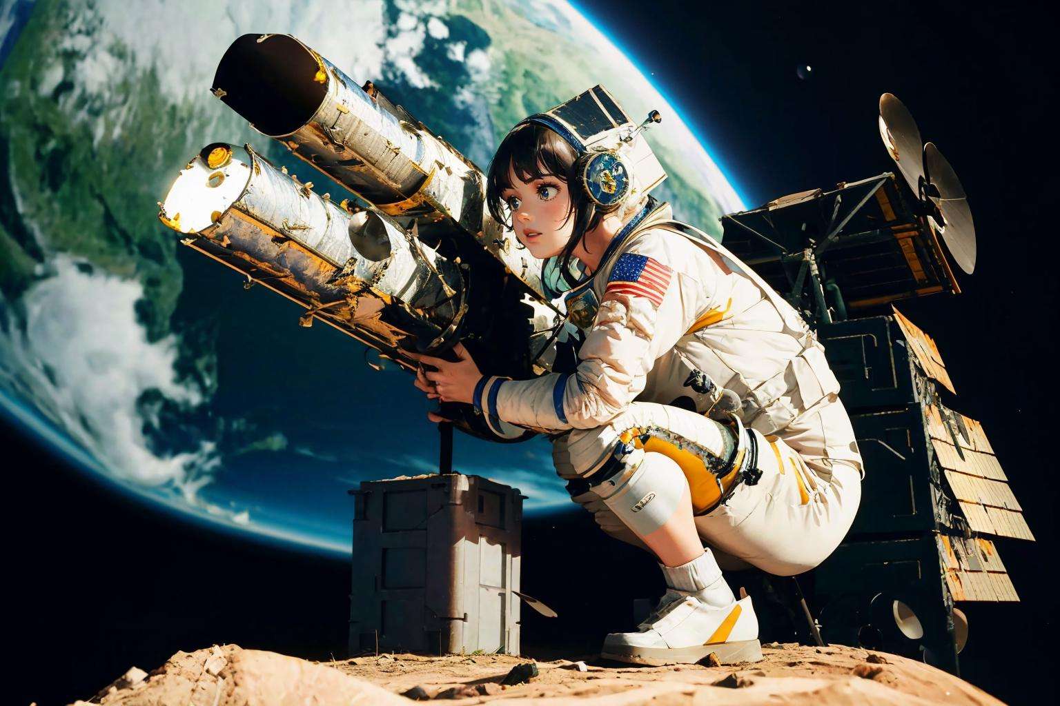 masterpiece, best quality, <lora:hubble-nasa-richy-v1:1> hubble space telescope, <lora:tow-concept-richy-v2:1> tow launcher, 1girl, solo, squatting, nasa astronaut, space suit