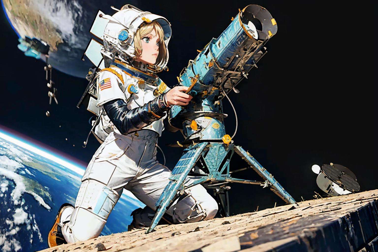 masterpiece, best quality, <lora:hubble-nasa-richy-v1:1> hubble space telescope, <lora:tow-concept-richy-v2:1> tow launcher, 1girl, solo, kneeling, nasa astronaut, space suit, earth \(planet\)