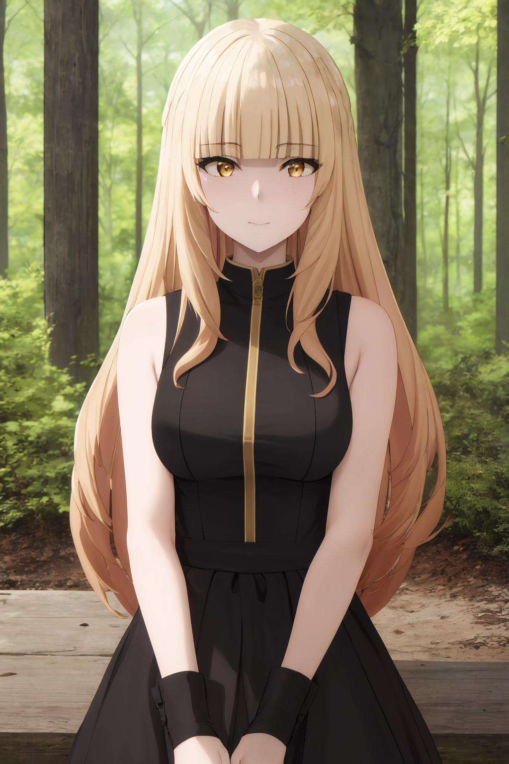 ((masterpiece, best quality, high quality, highres)):1.2, outdoors, forest, black dress, dress, sleeveless dress,Rose, blonde hair,  <lora:Rose_Oriana-03:1>