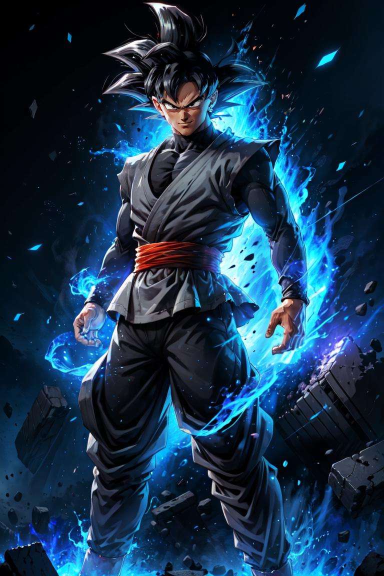 ((masterpiece, best quality)),(complex light),absurdres, highres, 1boy,solo,fighting stance, goku black,black hair,black eyes,blue fire destroyed debris background,smirk,  <lora:goku_black1:0.8>, <lora:on_fire:0.5>, <lora:LAS:0.3>