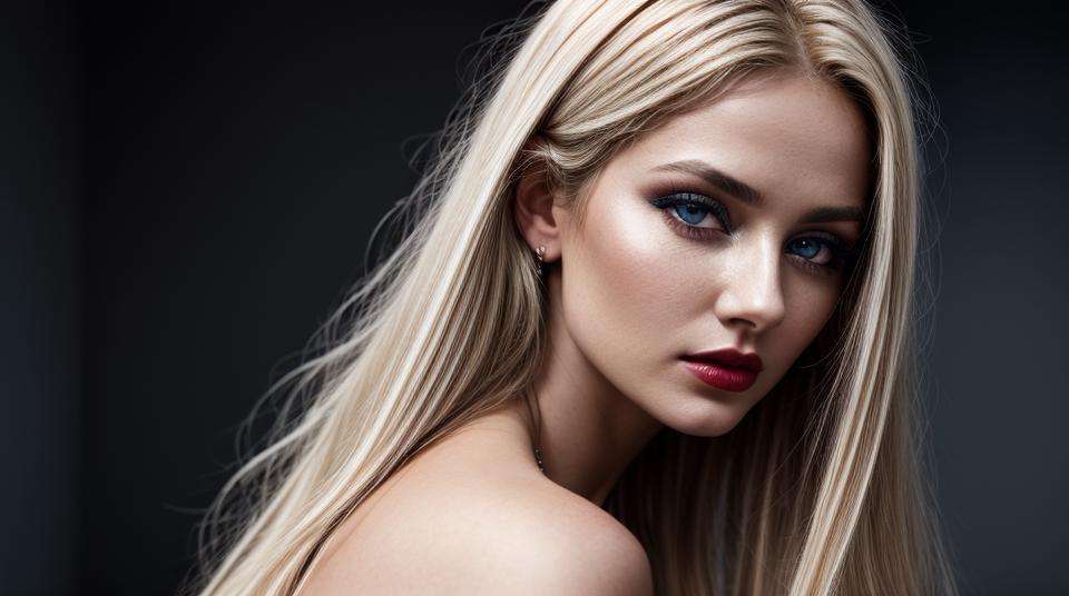 HelgaGrey, woman, (to8contrast style), (Close-up portrait), bold lips, 8k RAW photo, highest quality, detailed hazel-blue eyes, eye reflection, winged eyeliner, (looking at the viewer:1.3), best shadow, intricate details, interior, vibrant wavy Long hair layers with a side part, (blonde hair:1.3), muted colors, high contrast style, glam shot, smoldering, (sultry:1.1), dof, bokeh, intense, languid, tempting, sensual, seductive, longing, yearning, smitten, dark photography studio, minimal lighting, deep shadows, stark contrasts, dramatic highlights, (black backdrop:1.2), dimples, fullness, plumpness, natural pout, lusciousness, red lips, bold color, alluring, captivating, striking, unforgettable, stunning, breath-taking, timeless beauty. (bare shoulders:1.2), headshot