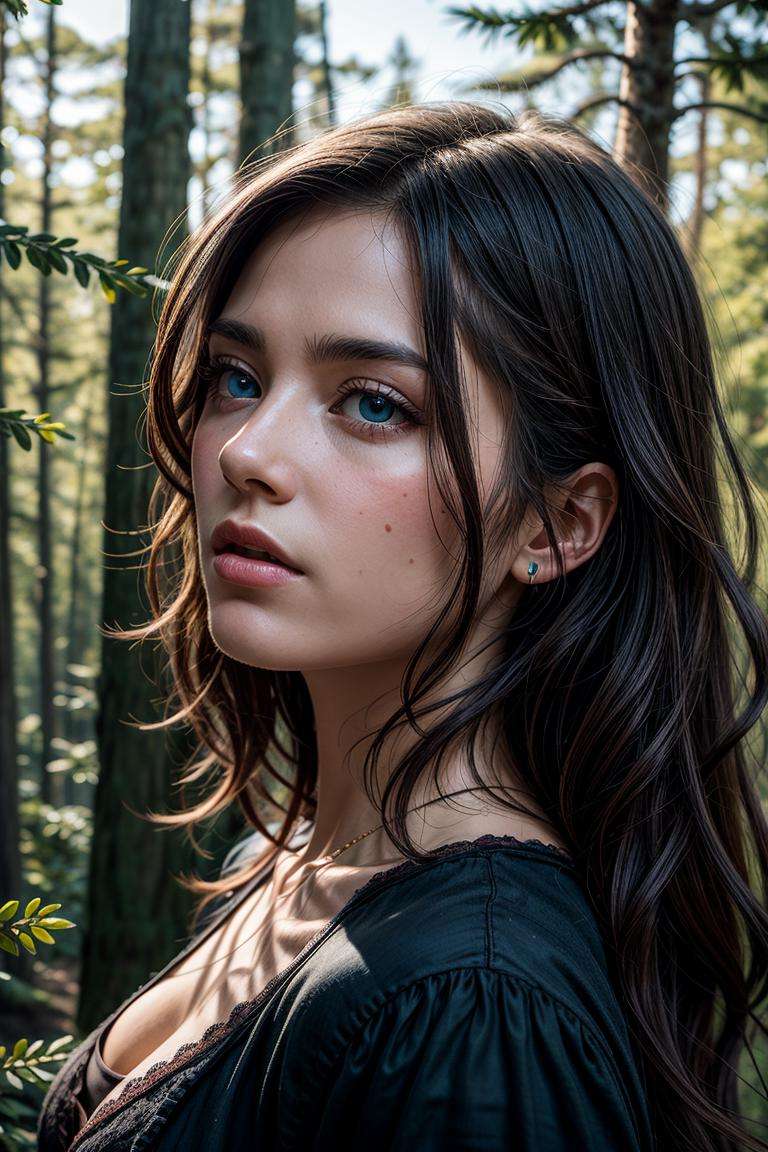 <lora:detailer:0.8> ,portrait of beautiful women, looking over spruce forest, moody portrait, striking features, beauty, intricate details, dramatic composition, tension, wispy hair, blue eyes, contrast, texture, realism, high-quality rendering, stunning art, high quality, film grain, Fujifilm XT3, detailed skin, (acne,freckled:0.6)