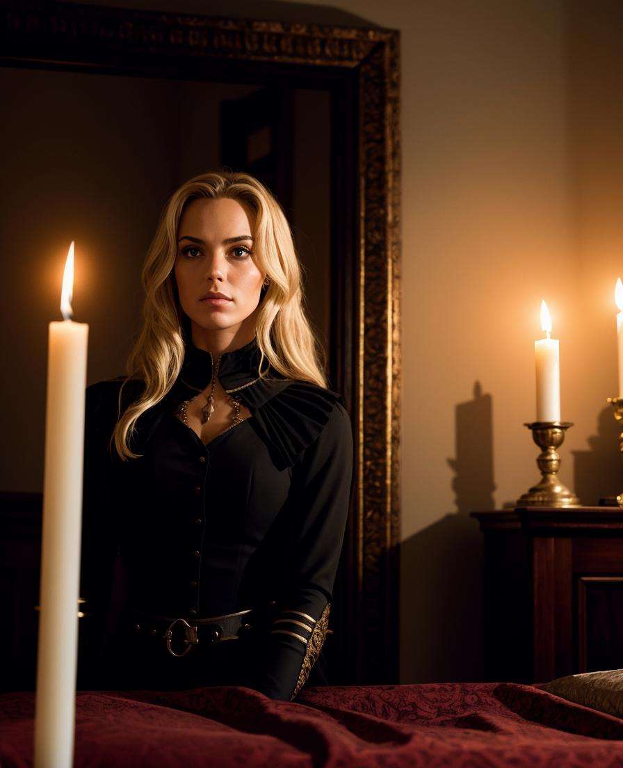 1woman, handsome girl, portrait upper body of alucardcastlevania wear court suit in bedroomgothic room, candle, looking at viewer, dim light, dark, horror \(theme\), realistic, long blonde