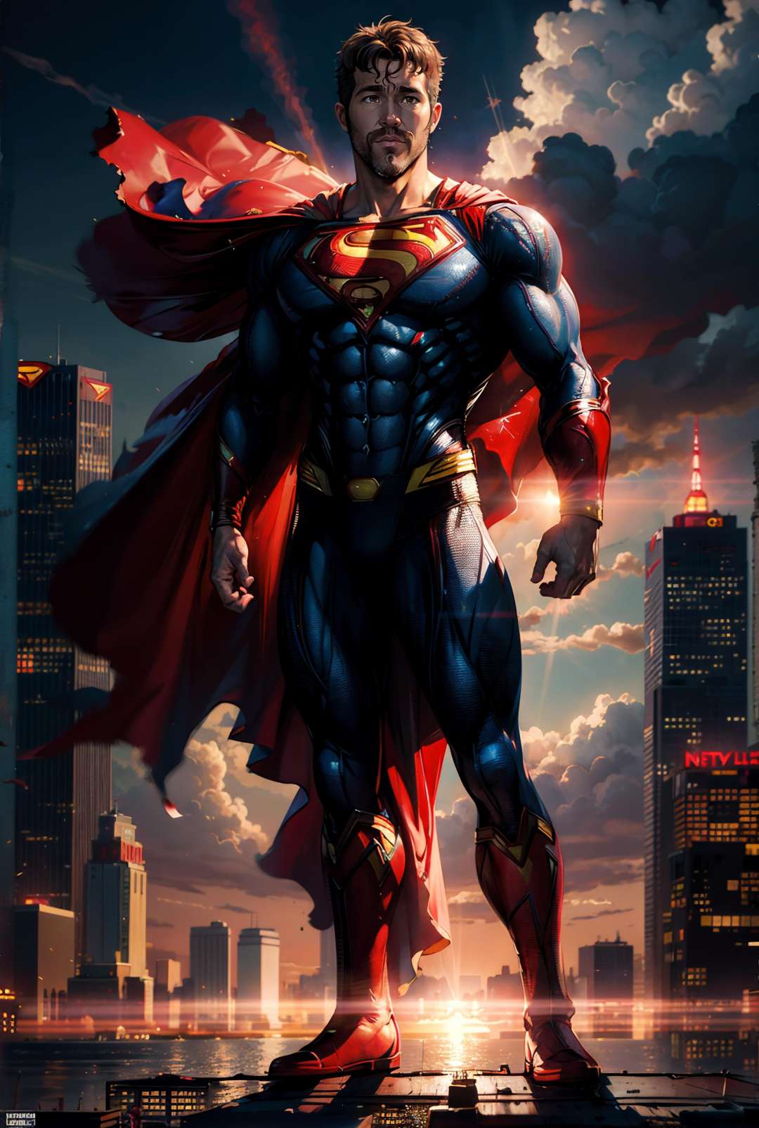 (full body), (Ryan Reynolds as Superman:1.25), (red cape), (((solo))), (Art by Jim Lee, & Zack Snyder) magnificent sky background, standing in front of  NYC skyline, dramatic, gorgeous, good anatomy, good proportions, hero pose, award winning, masterpiece, volumetric lighting, ((empty hands)), centered, (realistic oil painting:1.2),