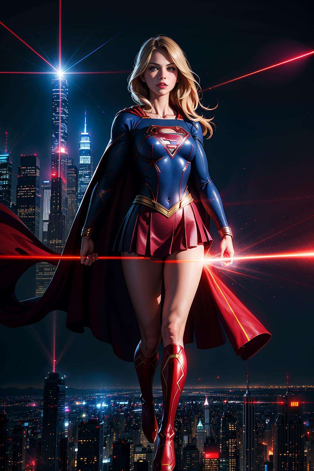 (full body), (Supergirl), ((heat vision and a laser beam)), (red cape), (((solo))), Perfect and very beautiful face, magnificent sky background, standing in front of NYC skyline, dramatic, gorgeous, good anatomy, good proportions, hero pose, award winning, masterpiece, volumetric lighting, centered, (realistic photo)