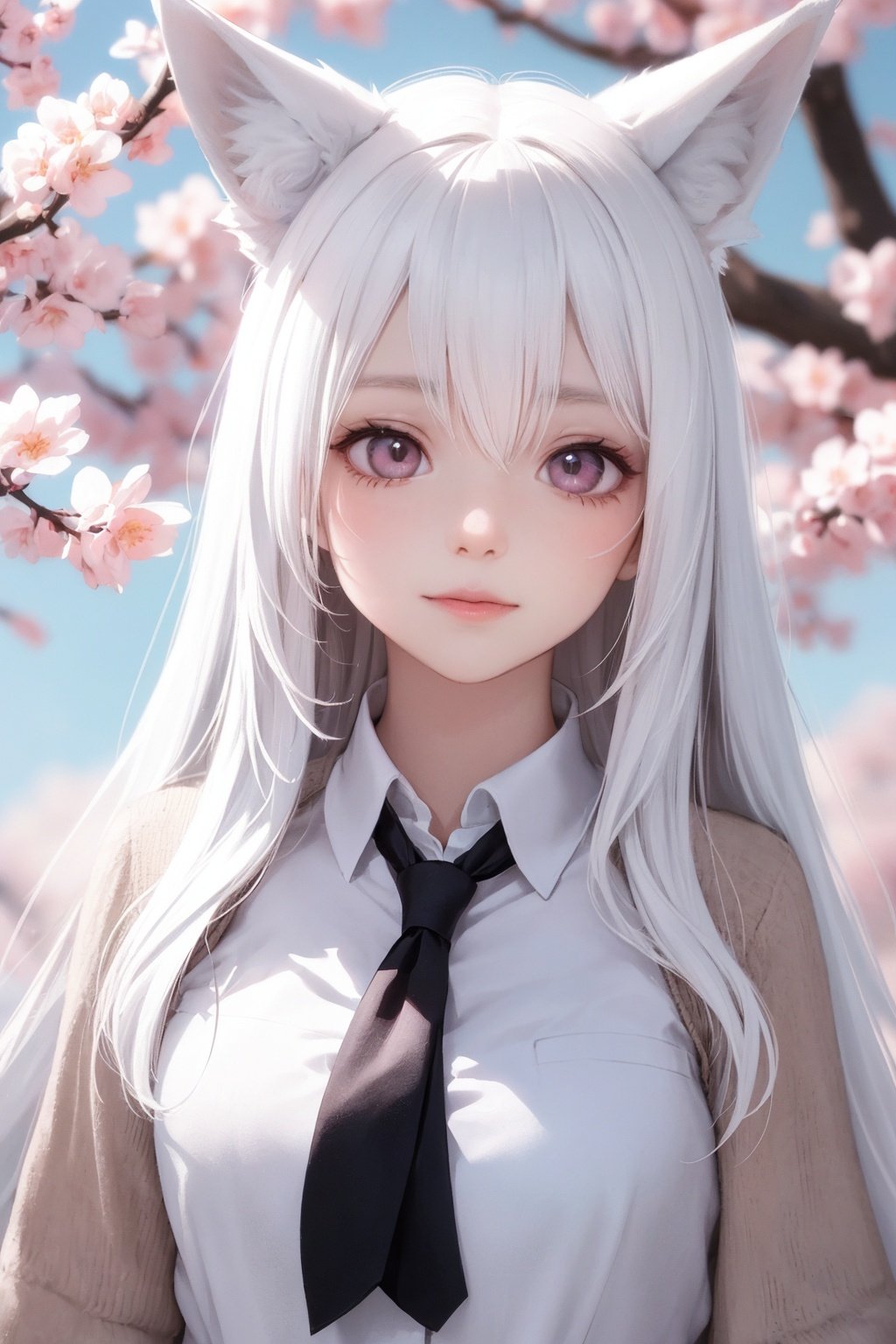 absurdres ,high res, ultimate detailed, high-resolution in elaborateness, large eyes, (pale pink eyes:1.1), drooping eyes  BREAK small breasts, white skin, large fox ears, (pure white fox ears, pure white hair:1.3), long hair BREAK (:3:1), (photorealistic:1.4), RAW photo BREAK ,school uniform, sakura, flying pink petals