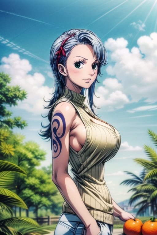 Nojiko,  row of tangerine plants,  beige sleeveless sweater,  sleeveless, ,  jens blue,  big breast,  namiop,  dark green eyes,  long blue hair, <lora:EMS-36927-EMS:1.000000>, , <lora:EMS-31620-EMS:0.600000>